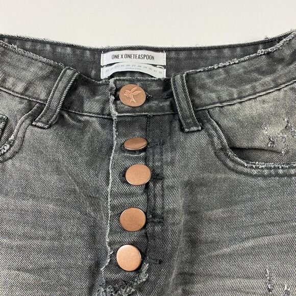 One x ONE TEASPOON 2020 Denim Mini Skirt Coal Button Fly Size 24 - Picture 3 of 10
